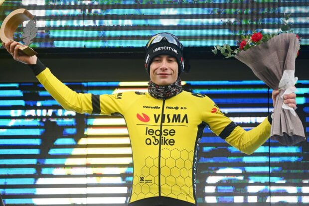 CHANTADA SPAIN FEBRUARY 23 Jonas Vingegaard of Denmark and Team Visma Lease a Bike celebrates at podium as stage winner during the 3rd O Gran Camio The Historical Route 2024 Stage 2 a 1512km stage from Taboada to Chantada 481m on February 23 2024 in Chantada Spain Photo by Dario BelingheriGetty Images