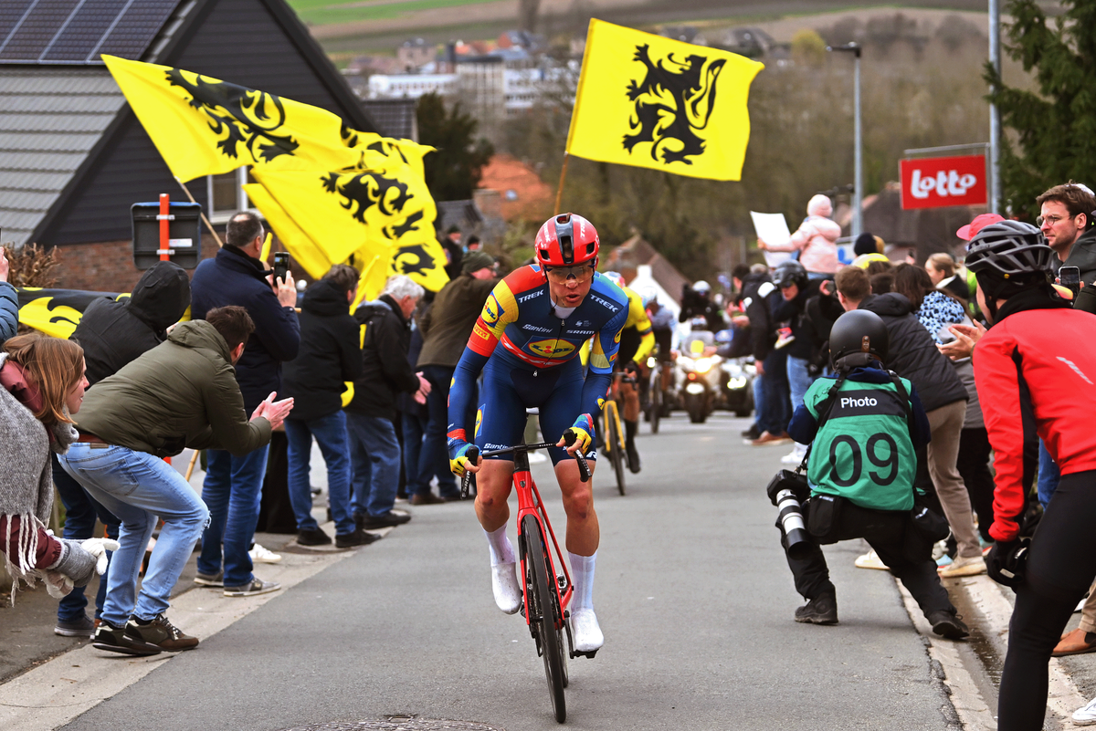 Toms Skujins (Lidl-Trek) on the attack at Omloop Het Nieuwsblad