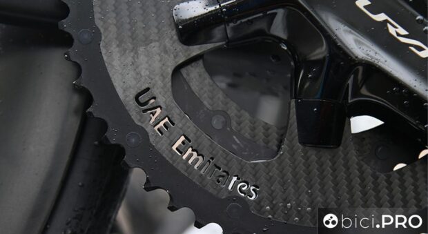 Tadej Pogacar is using a 55-tooth carbon fire chainring this spring