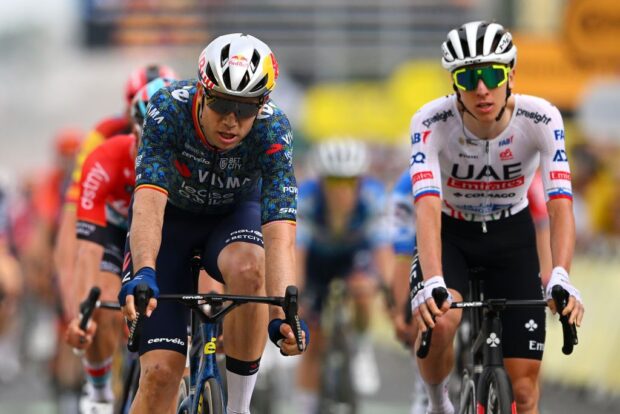 Wout van Aert takes third place ahead of Tadej Pogačar on stage 1 of the 2024 Tour de France in Rimini