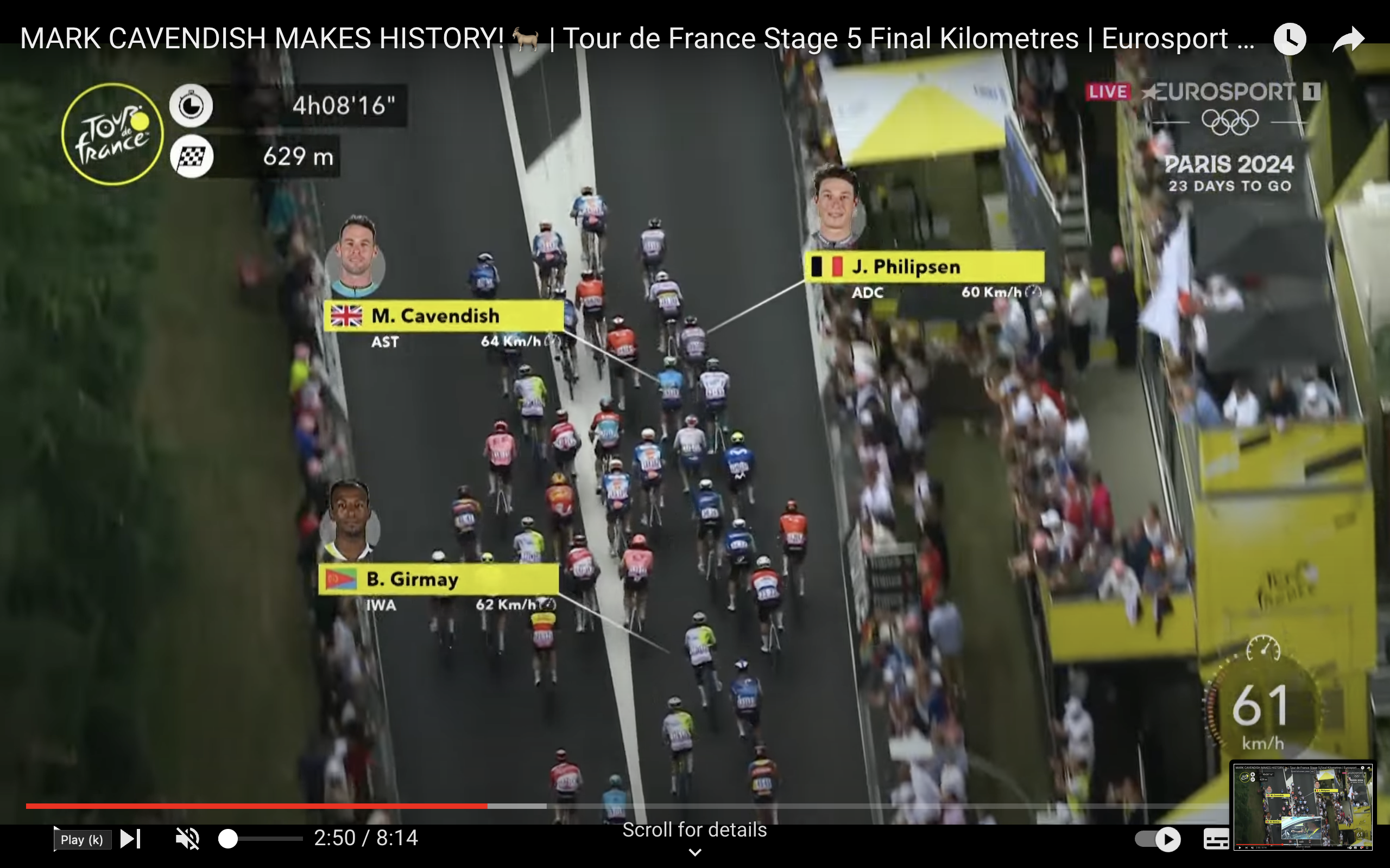 Capturas de pantalla del último kilómetro de la etapa 5, cuando Mark Cavendish consiguió su 35.ª victoria de etapa en el Tour de Francia