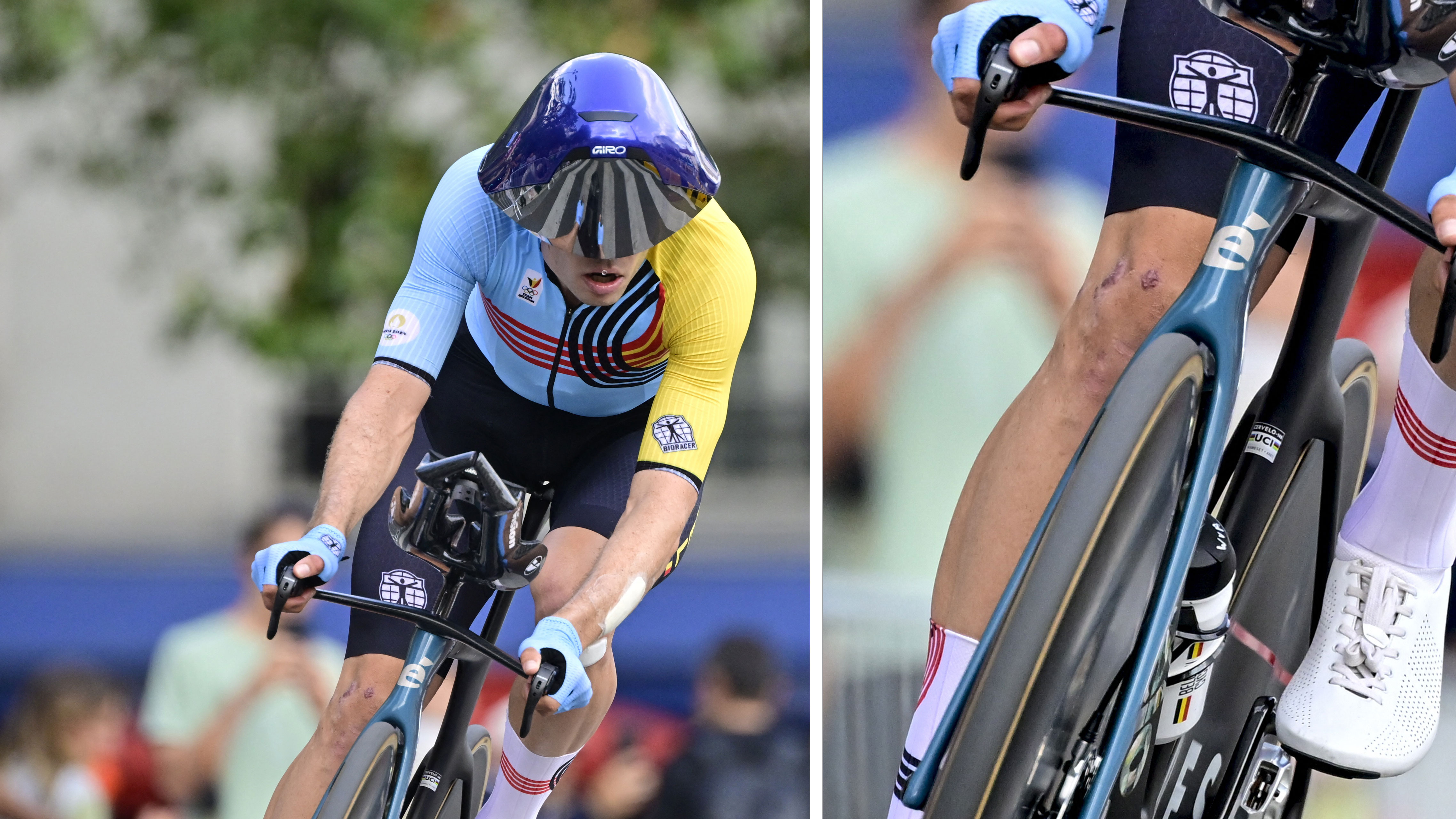 Wout van Aert conduce una bicicleta de contrarreloj negra con una rueda delantera sólida