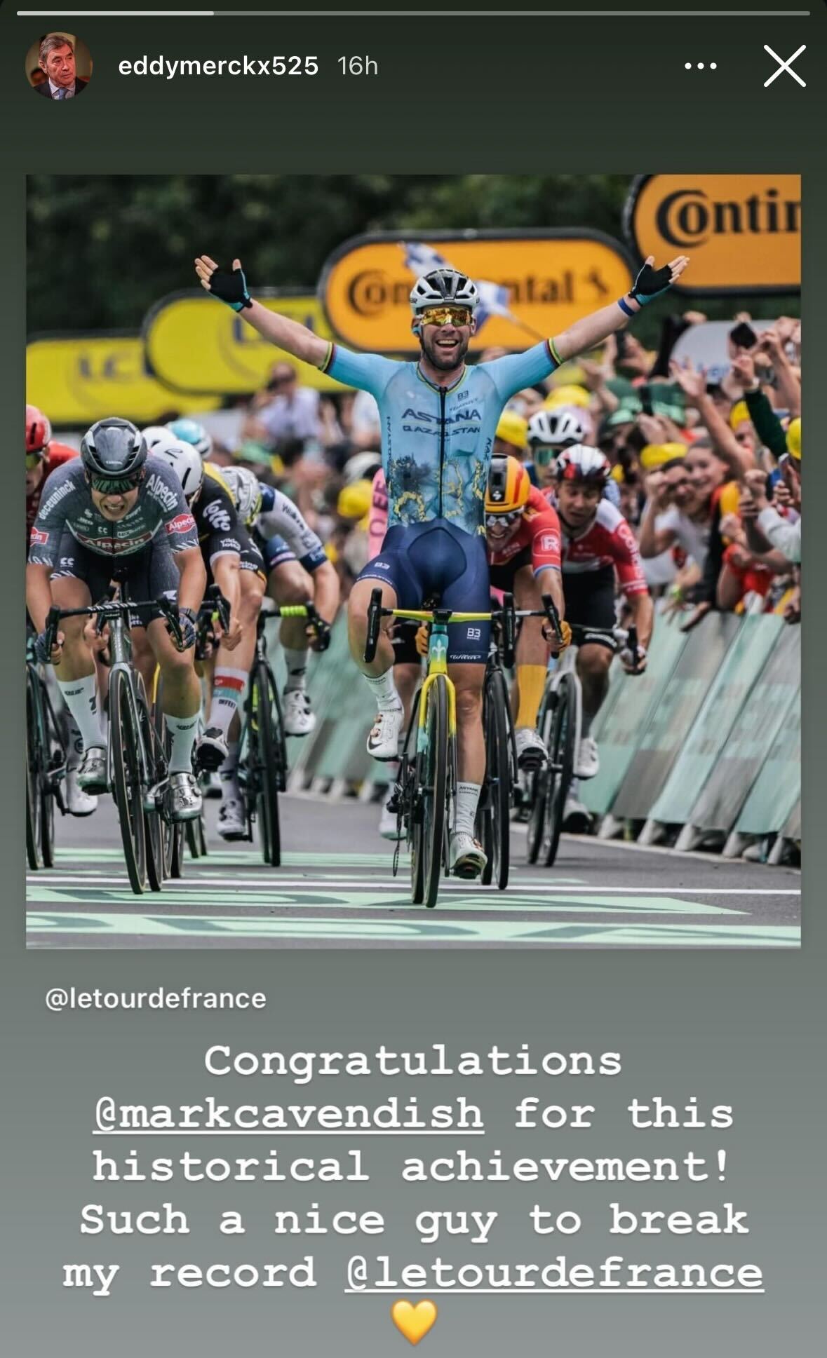 Eddy Merckx felicita a Mark Cavendish en Instagram