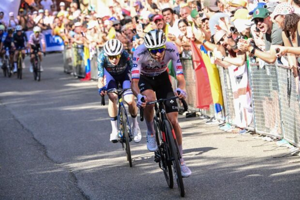 Tadej Pogacar on the attack on the San Luca climb on stage 2 of the 2024 Tour de France