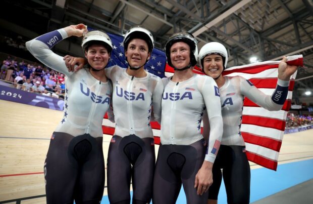 Paris Olympics: Jen Valente, Chloe Dygert, Lily Williams and Kristen Faulkner celebrate their gold medal in women