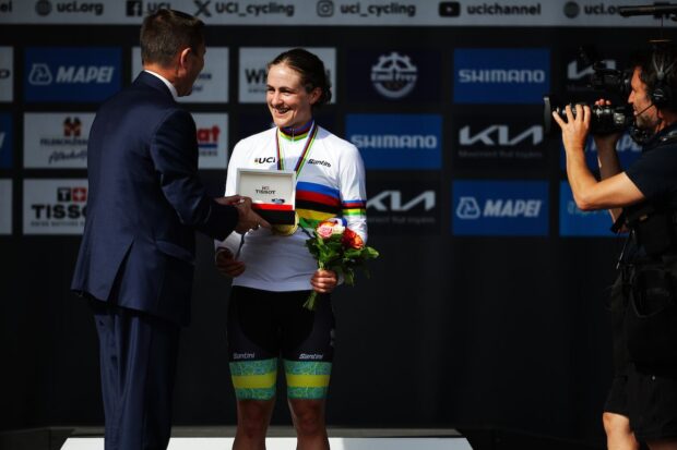 Picture by Ed Sykes/SWpix.com - 22/09/2024 - 2024 UCI Road and Para-cycling Road World Championships, Zurich, Switzerland - Womenâs Elite Individual Time Trial (ITT) Podium - Grace Brown (Australia) on the podium receiving the Gold Medal and becoming World Champions