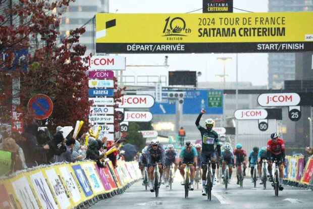 SAITAMA JAPAN  NOVEMBER 02 Hailu Biniam Girmay of Eritrea and Team Intermarche  Wanty  Green Sprint Jersey celebrates at podium as race winner during the 10th Tour de France Saitama Criterium 2024  Criterium Race a 612km one day race from Saitama to Saitama on November 02 2024 in Saitama Japan Photo by Rhode Van ElsenGetty Images