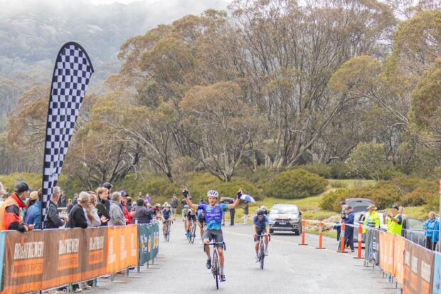 Kathryn McInerney (Trek Shimano Australia) with a winning grin on stage 3 of the 2024 Tour of Bright