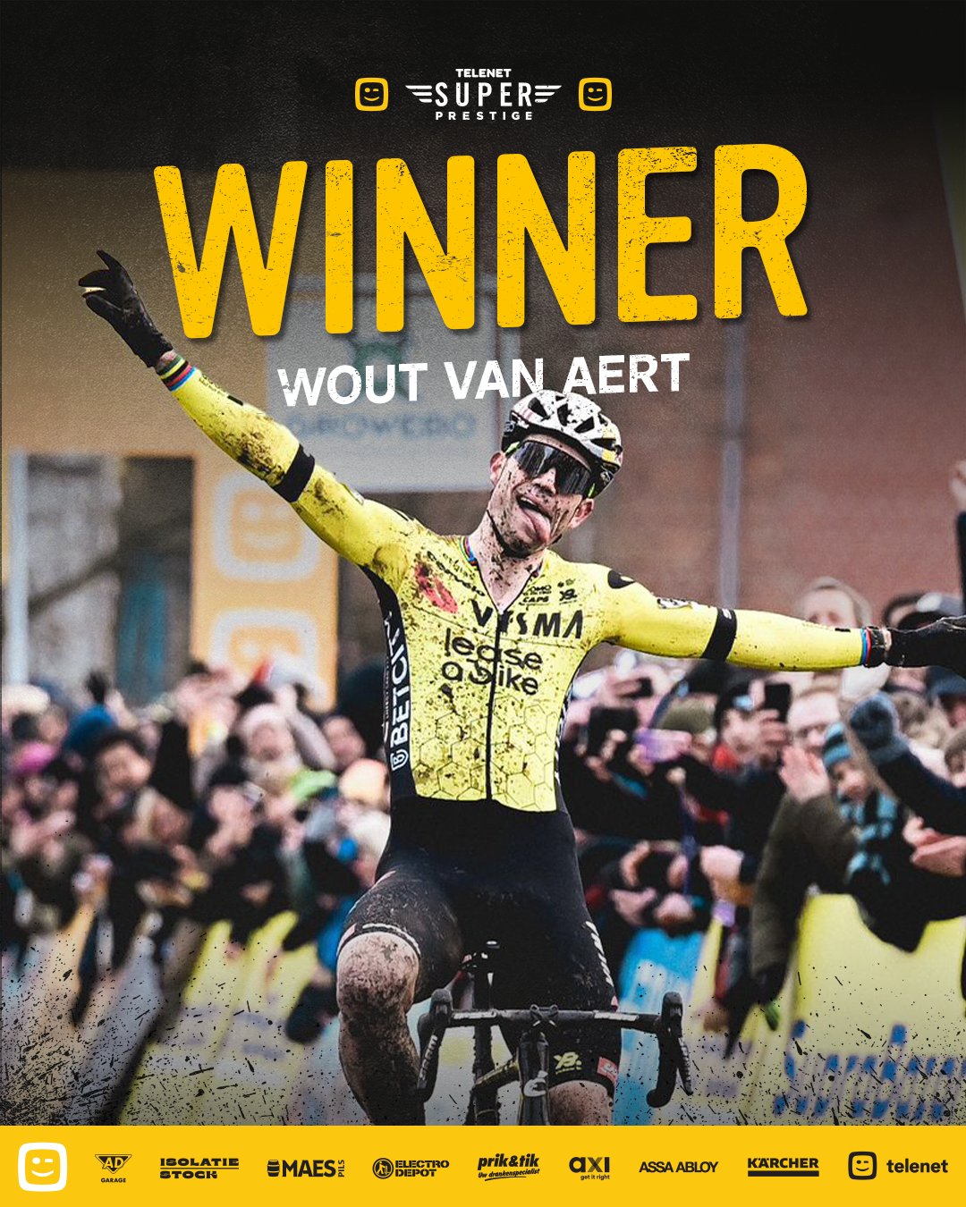 Wout van Aert de Visma-Lease a Bike gana el Superprestige Gullegem y hace una mueca para saludar el cumpleaños de su hijo