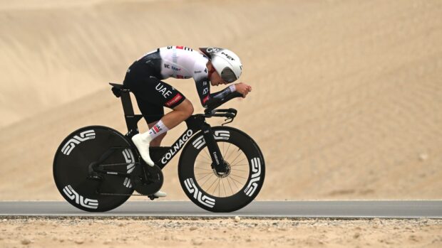 Tadej Pogacar riding during the UAE Tour stage 2 time trial