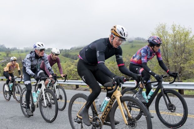 Eventual 2024 winner Keegan Swenson rides on a climb with lead men's group