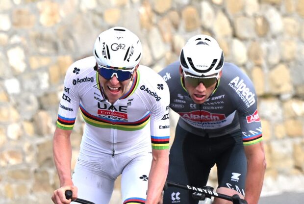 Tadej Pogačar attacks Mathieu van der Poel on the Poggio during the 2025 Milan-San Remo