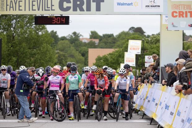 Women's classification leaders are called to the start line for the final stage of Joe Martin Stage Race in Fayetteville, Arkansas in 2023