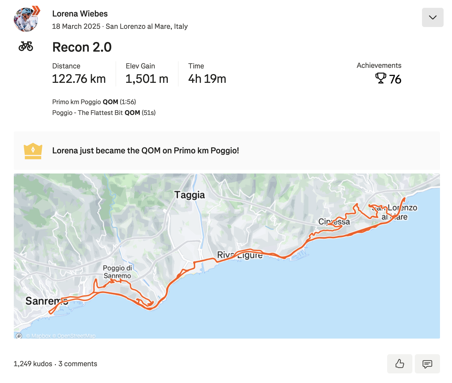 Una captura de pantalla de una actividad Strava de Lorena Wiebes titulada 'Recon 2.0'