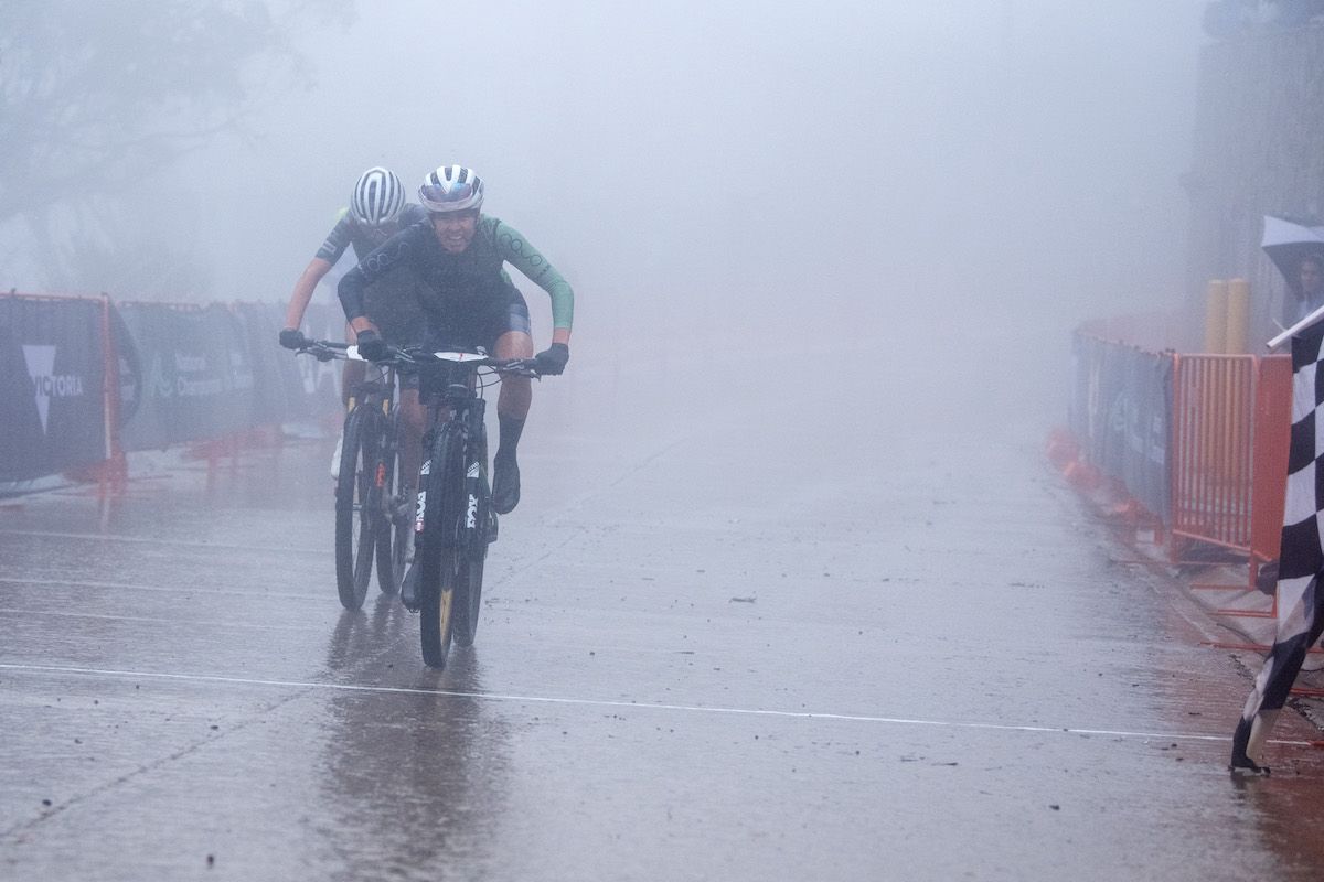Sam Fox on his way to the win at the 2025 GWM Mountain Bike National Championships at Mt Buller