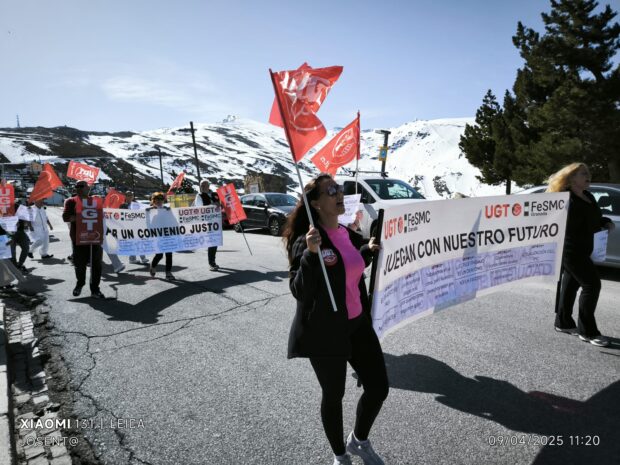 Workers protest at Sierra Nevada's High Performance Centre, April 2025