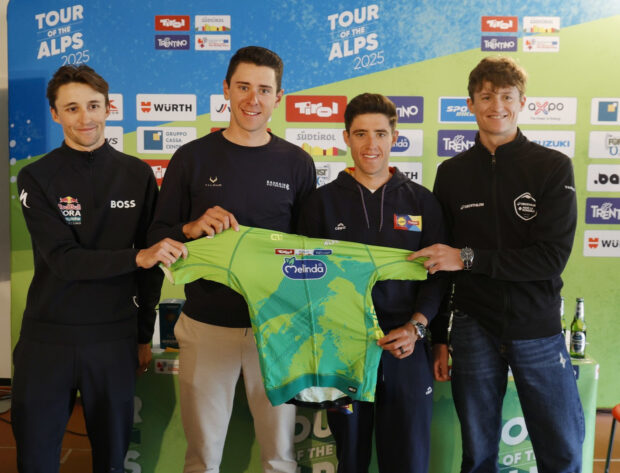 Tout of the Alps - the stars of the press conference wearing the Melinda Green Jersey. From left: Jai Hindley, Antonio Tiberi, Juan Pedro Lopez, and Felix Gall