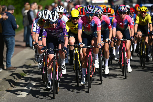 Anna Van Der Breggen of Netherlands and Team SD Worx - Protime and Soraya Paladin of Italy and Team CANYON//SRAM zondacrypto leads the peloton during the 11th Amstel Gold Race Ladies Edition 2025 a 157.4km one day race from Maastricht to Berg en Terblijt