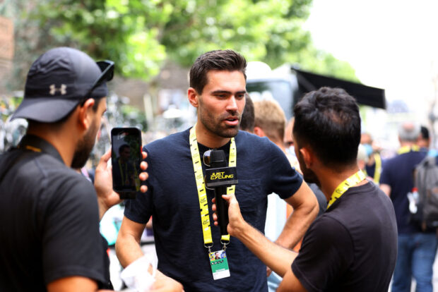 om Dumoulin of Netherlands ex pro rider meets the media press at start prior to the stage eleven of the 110th Tour de France 2023 a 179.8km from Clermont-Ferrand to Moulins / #UCIWT / on July 12, 2023 in Clermont-Ferrand, France.
