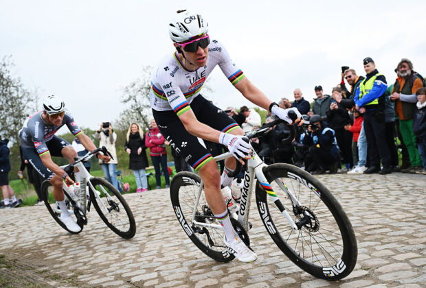 Tadej Pogacar of UAE Team Emirates-XRG leads Mathieu Van Der Poel of Alpecin-Deceuninck in the breakaway