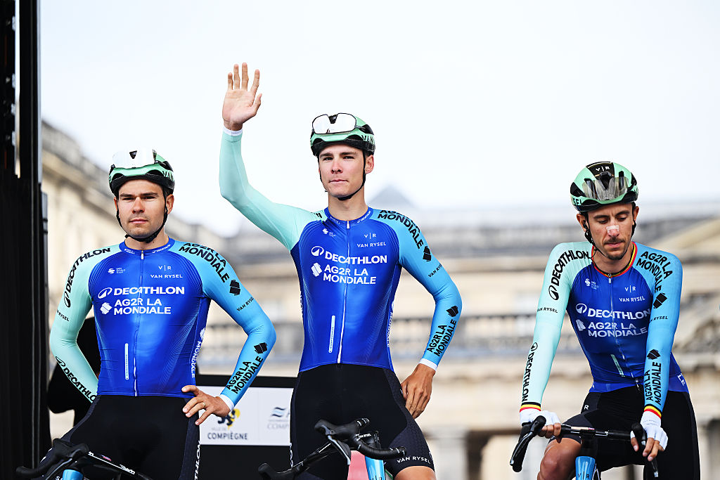 COMPIEGNE FRANCE APRIL 13 Oscar Chamberlain of Australia and Team Decathlon AG2R La Mondiale C with teammates prior to the 122nd Paris Roubaix 2025 a 2592km one day race from Compiegne to Roubaix UCIWT on April 13 2025 in Roubaix France Photo by Dario BelingheriGetty Images