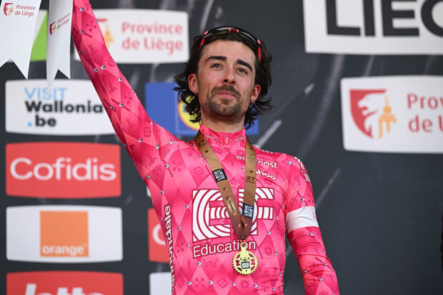 LIEGE BELGIUM APRIL 27 Ben Healy of Ireland and Team EF Education EasyPost on third place poses on the podium ceremony after the 111st Liege Bastogne Liege 2025 a 252km one day race from Liege to Liege UCIWT on April 27 2025 in Liege Belgium Photo by Dario BelingheriGetty Images