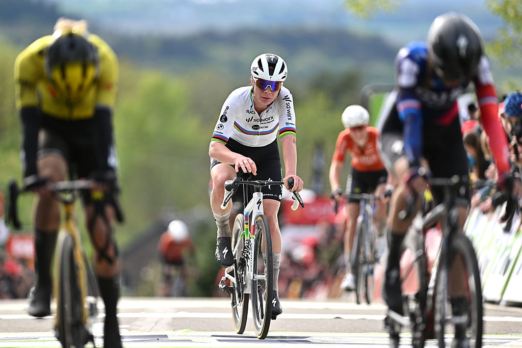 World champion Lotte Kopecky (SD Worx-Protime) crosses the finish line at La Flèche Wallonne