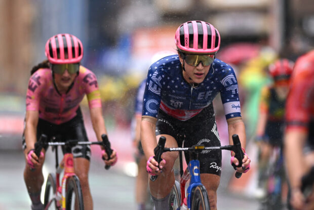 LIEGE BELGIUM AUGUST 14 Kristen Faulkner of The United States and Team EFOatlyCannondale crosses the finish line during the 3rd Tour de France Femmes 2024 Stage 4 a 1227km stage from Valkenburg to Liege UCIWWT on August 14 2024 in Liege Belgium Photo by Dario BelingheriGetty Images
