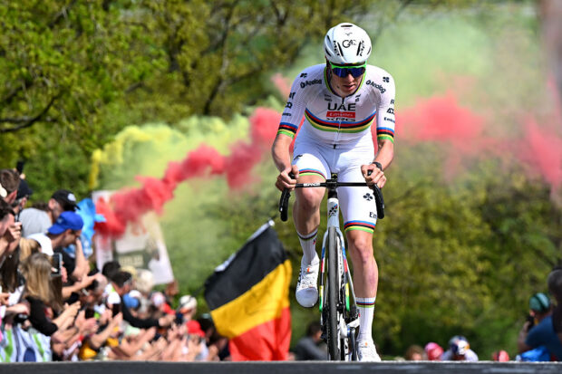 LIEGE BELGIUM APRIL 27 Tadej Pogacar of Slovenia and UAE Team Emirates attacks climbing the Cte de la Redoute 275m while fans cheer during the 111st Liege Bastogne Liege 2025 a 252km one day race from Liege to Liege UCIWT on April 27 2025 in Liege Belgium Photo by Dario BelingheriGetty Images