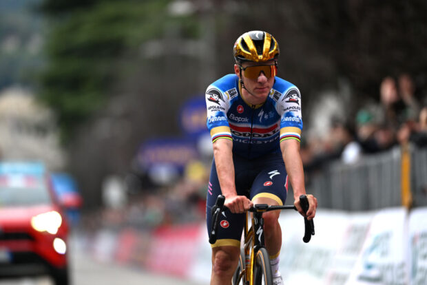 14 October 2024: Remco Evenepoel crosses the finish line of his most recent race, Il Lombardia, in second place