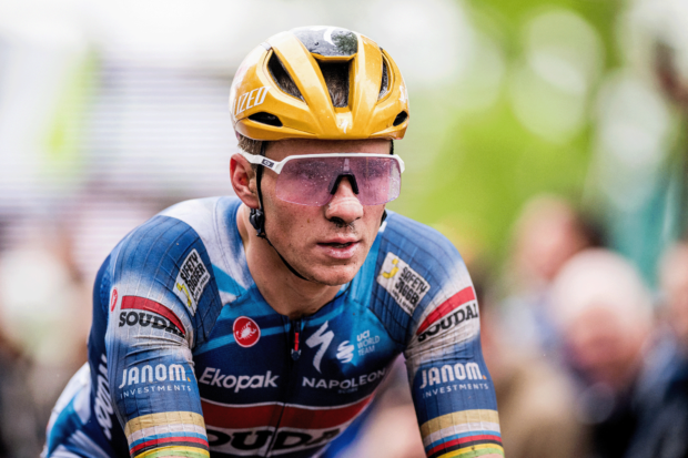 Remco Evenepoel at the finish of a rain soaked edition of the La Flèche Wallonne