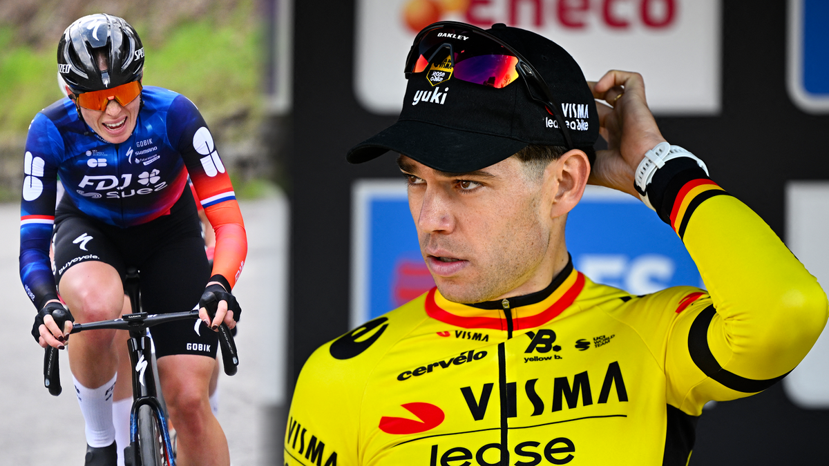 A blended image of Demi Vollering on the left and Wout van Aert on the right