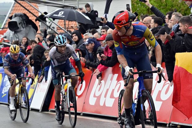 Remco Evenepoel, Santiago Buitrago and Thibau Nys in action during the men's race of the La Fleche Wallonne 2025