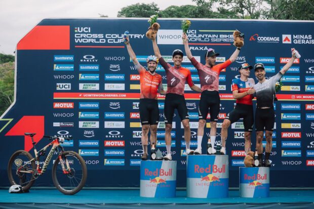 The riders decided there would be a five rider podium in the men's elite XCO race at the first round of the 2025 Whoop UCI Mountain Bike World Series