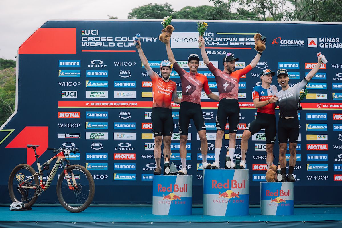 The riders decided there would be a five rider podium in the men's elite XCO race at the first round of the 2025 Whoop UCI Mountain Bike World Series