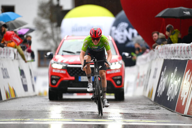 OBERTILLIACH ITALY APRIL 24 Michael Storer of Australia and Tudor Pro Cycling Team Green Leader Jersey crosses the finish line during the 45th Tour of the Alps 2025 Stage 4 a 1627km stage from Sillian to Obertilliach 1448m on April 24 2025 in Obertilliach Italy Photo by Tim de WaeleGetty Images