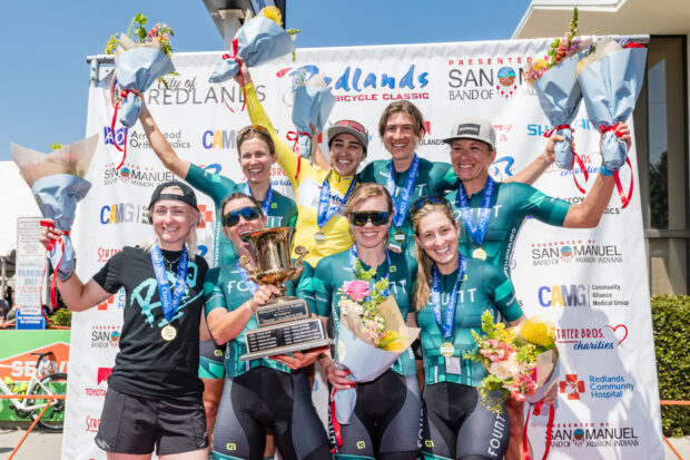 Fount Cycling Guild celebrates after stage 5 with GC winner Alia Shafi, in yellow jersey