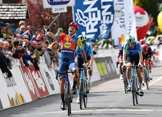 SAN LORENZO DORSINO ITALY APRIL 21 Giulio Ciccone of Italy and Team Lidl Trek celebrates at finish line as stage winner ahead of Felix Gall of Austria and Paul Sekas of France and Decathlon AG2R La Mondiale Team during the 45th Tour of the Alps 2025 Stage 1 a 1485km stage from San Lorenzo Dorsino to San Lorenzo Dorsino 731m UCIWT on April 21 2025 in San Lorenzo Dorsino Italy Photo by Tim de WaeleGetty Images