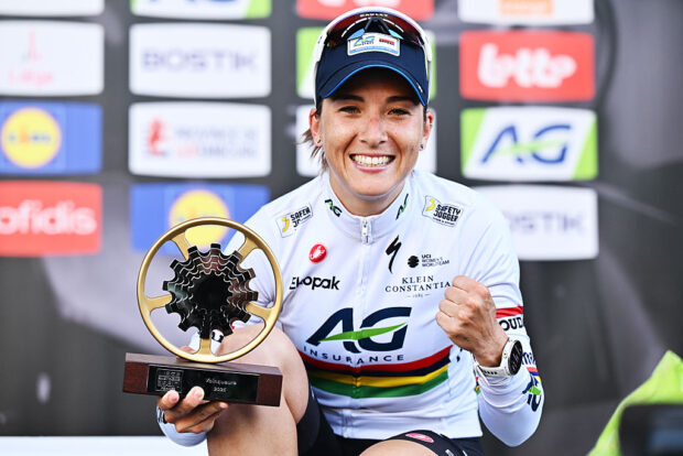 LIEGE BELGIUM APRIL 27 Kim Le Court of Mauritius and AG InsuranceSoudal Team celebrates at podium as race winner during the 9th Liege Bastogne Liege Femmes 2025 a 1529km one day race from Bastogne to Liege UCIWWT on April 27 2025 in Liege Belgium Photo by Luc ClaessenGetty Images