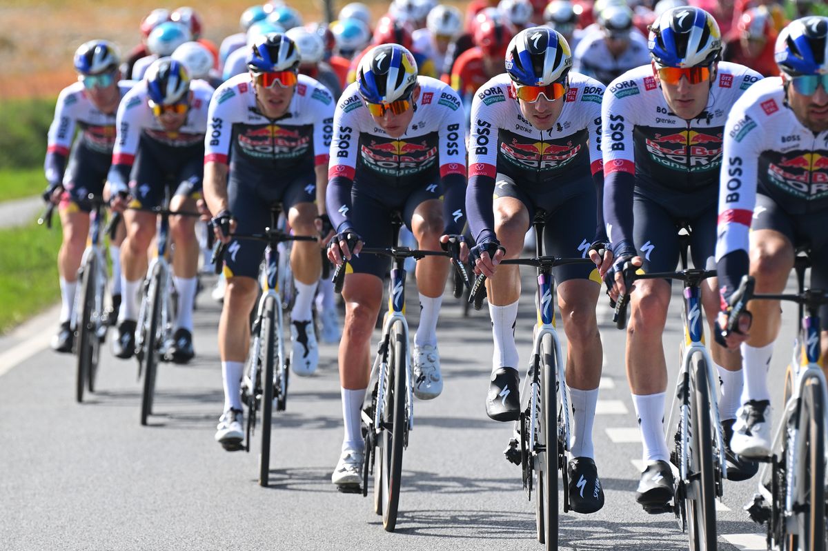 Red Bull-Bora-Hansgrohe leading the peloton at the 2025 Gent-Wevelgem