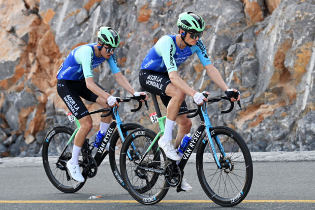 JEBEL JAIS UNITED ARAB EMIRATES FEBRUARY 19 LR Paul Seixas of France and Felix Gall of Austria and Decathlon AG2R La Mondiale Team compete during the 7th UAE Tour 2025 Stage 3 a 181km stage from Ras al Khaimah to Jebel Jais 1490m UCIWWT on February 19 2025 in Jebel Jais United Arab Emirates Photo by Dario BelingheriGetty Images