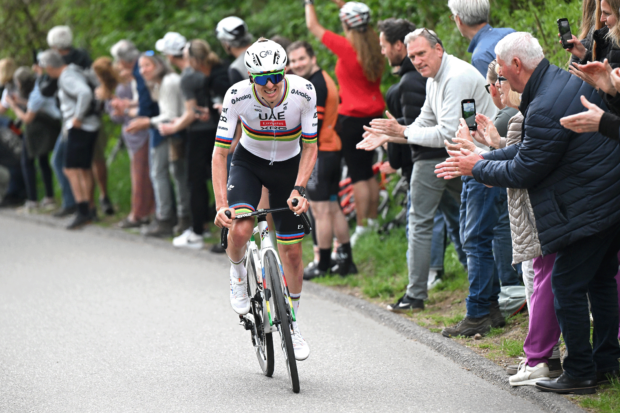 BERG EN TERBLIJT, NETHERLANDS - APRIL 20: Tadej Pogacar of Slovenia and UAE Team Emirates - XRG competes in the breakaway during the 59th Amstel Gold Race 2025 a 255.9km one day race from Maastricht to Berg en Terblijt / #UCIWT / on April 20, 2025 in Berg en Terblijt, Netherlands. (Photo by Dario Belingheri/Getty Images)