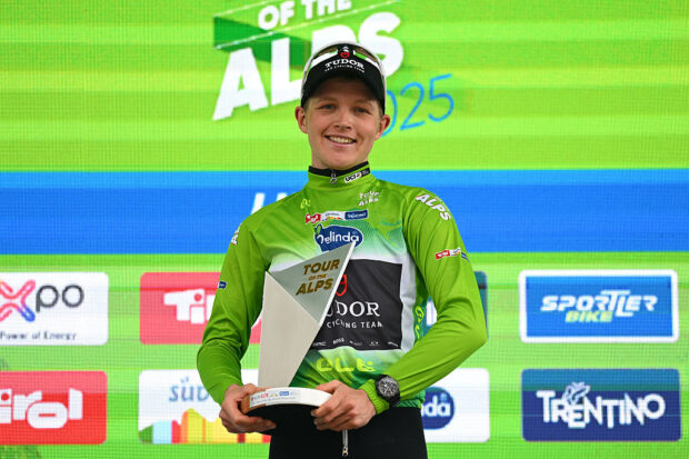 LIENZ AUSTRIA APRIL 25 Michael Storer of Australia and Tudor Pro Cycling Team celebrates at podium as Green Leader Jersey overall race winner during the 45th Tour of the Alps 2025 Stage 5 a 1127km stage from Lienz to Lienz on April 25 2025 in Lienz Austria Photo by Tim de WaeleGetty Images