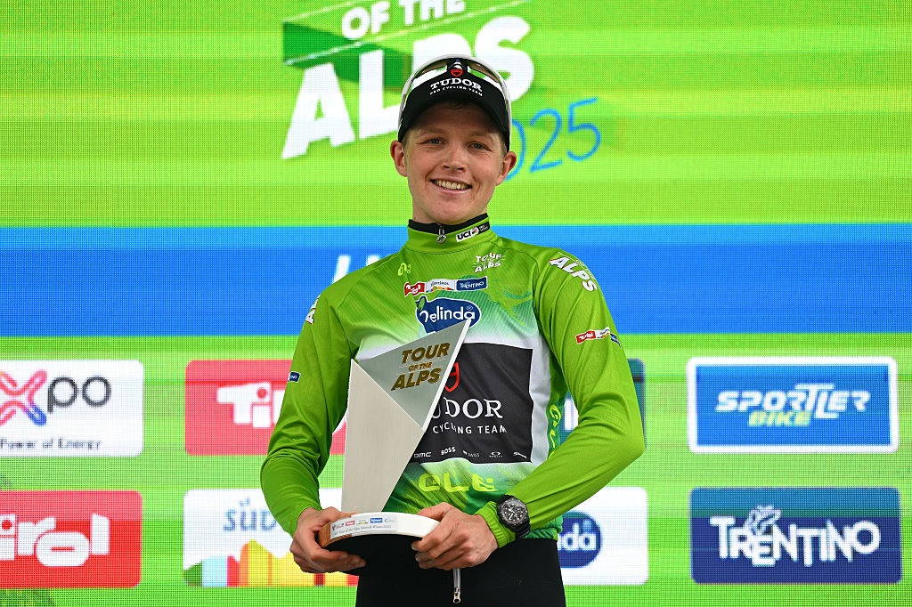 LIENZ AUSTRIA APRIL 25 Michael Storer of Australia and Tudor Pro Cycling Team celebrates at podium as Green Leader Jersey overall race winner during the 45th Tour of the Alps 2025 Stage 5 a 1127km stage from Lienz to Lienz on April 25 2025 in Lienz Austria Photo by Tim de WaeleGetty Images