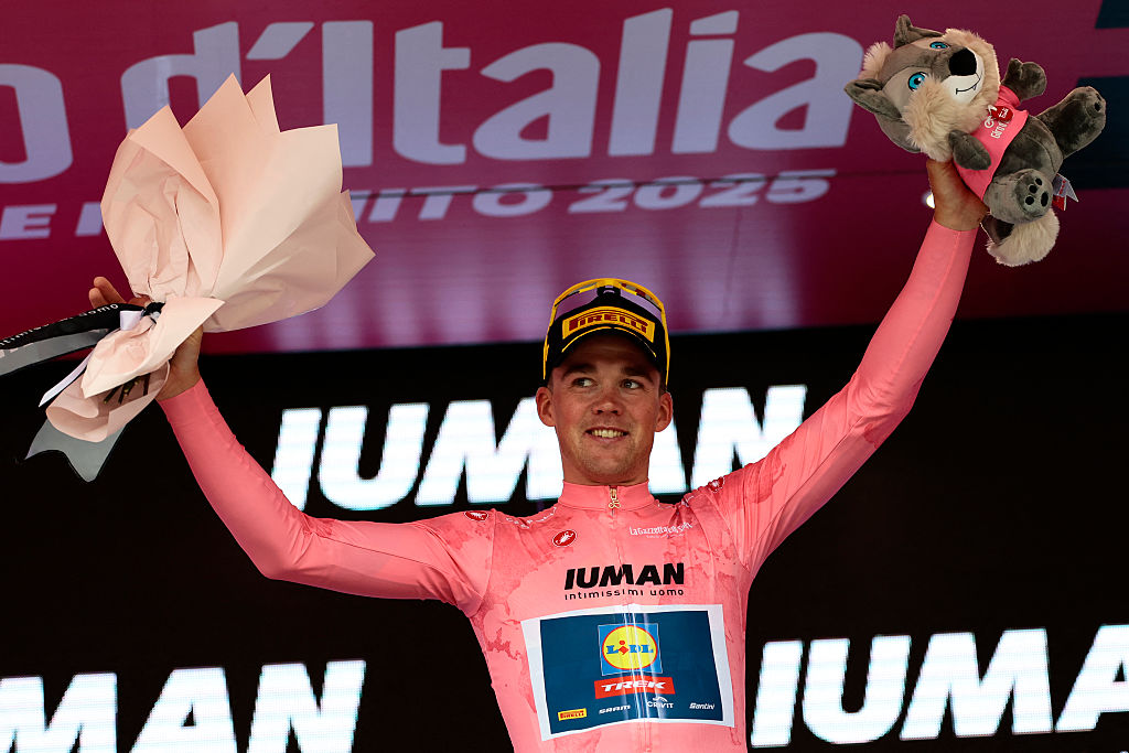 Mads Pedersen wears the overall leader's jersey after winning stage 1 at the Giro d'Italia