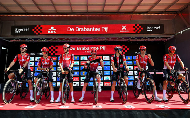 BEERSEL BELGIUM APRIL 18 Cedric Beullens of Belgium Sebastien Grignard of Belgium Arjen Livyns of Belgium Milan Menten of Belgium Alec Segaert of Belgium Henri Vandenabeele of Belgium Jonas Gregaard of Denmark and Team LottoDstny prior to the 65th De Brabantse Pijl La Fleche Brabanconne 2025 Mens Elite a 1626km one day race from Beersel to Overijse on April 18 2025 in Beersel Belgium Photo by Luc ClaessenGetty Images