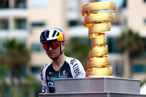 Q36.5 Pro Cycling team's British rider Thomas Pidcock walks past the Giro d'Italia trophy (âtrofeo senza fineâ) prior to the first stage of the 108th Giro d'Italia cycling race, 160km from Durres to Tirana in Albania, on May 9, 2025. (Photo by Luca Bettini / AFP)