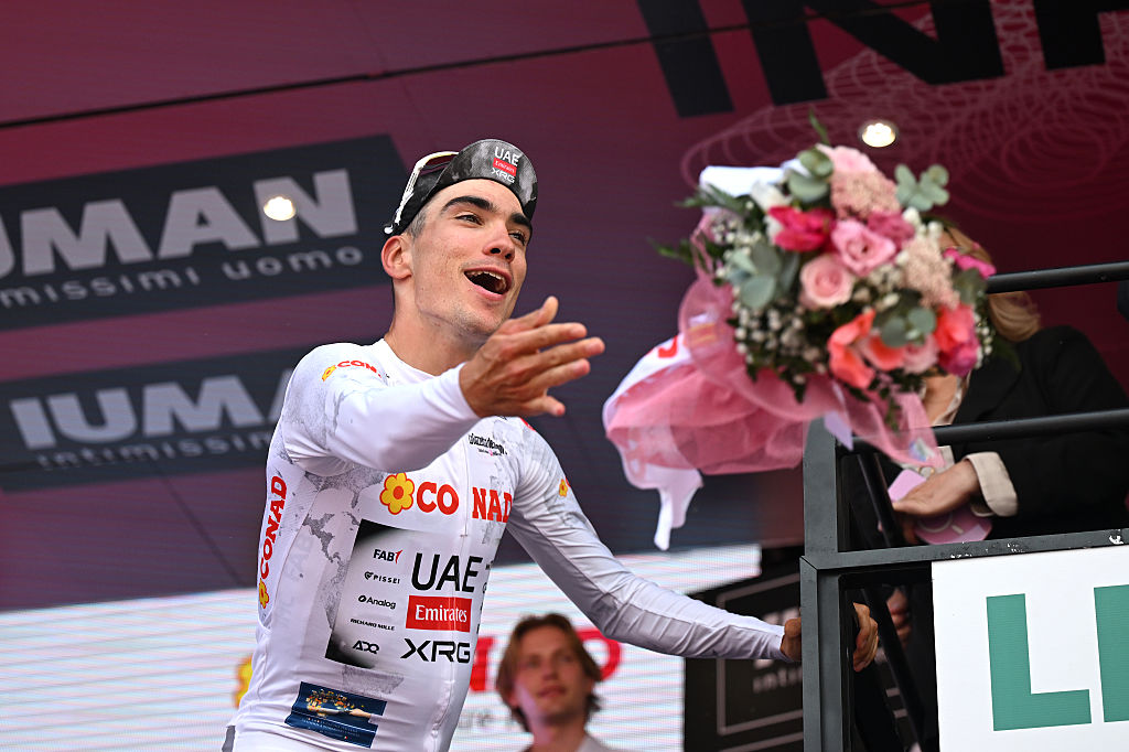 2025 Giro d'Italia stage 8: Juan Ayuso of Spain and Team UAE Team Emirates XRG White Best Young Rider Jersey celebrates at podium during the 108th Giro dItalia 2025 Stage 8 a 197km stage from Giulianova to Castelraimondo UCIWT on May 17 2025 in Castelraimondo Italy Photo by Dario BelingheriGetty Images