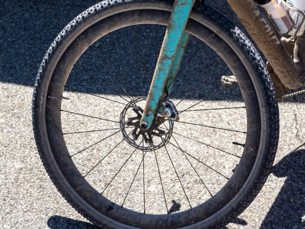 A photo of Keegan Swenson's bike wheel, each with two valves