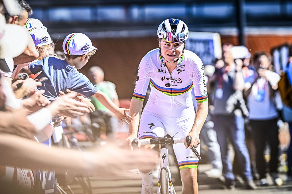 Belgian Lotte Kopecky of SD Worx-Protime pictured before pictured at the start of the women's race of the 'Paris-Roubaix' one day cycling race, 148,5 km from Denain to Roubaix, France, on Saturday 12 April 2025. BELGA PHOTO JASPER JACOBS (Photo by JASPER JACOBS / BELGA MAG / Belga via AFP)